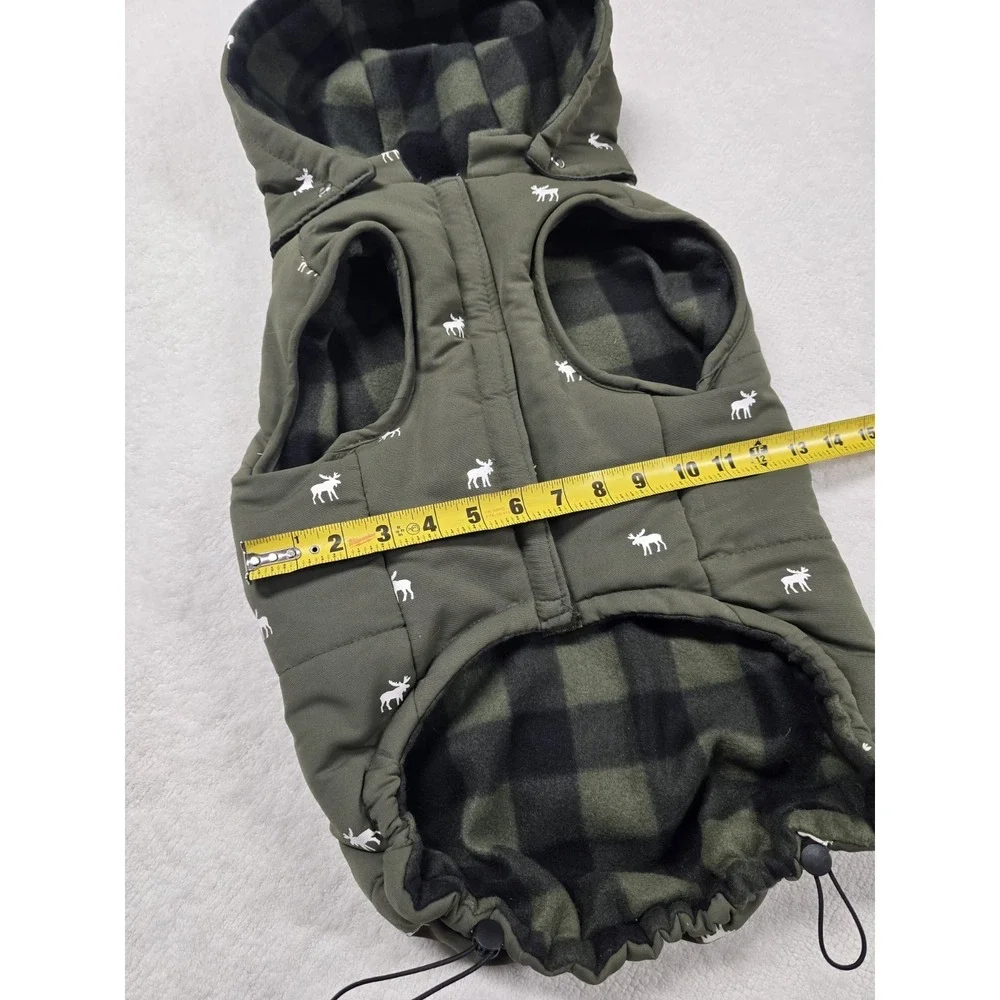 Winter Dog Vest with Hood - Green Moose Pattern, Plaid Fleece Lined, Size XL...